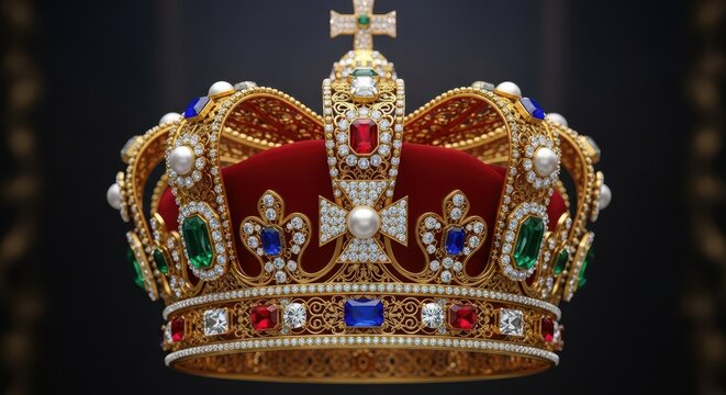 Ornate gold royal crown adorned with large, glittering precious gemstones signifying immense wealth, ancient heritage, and absolute monarchy, authority, luxury, valuable