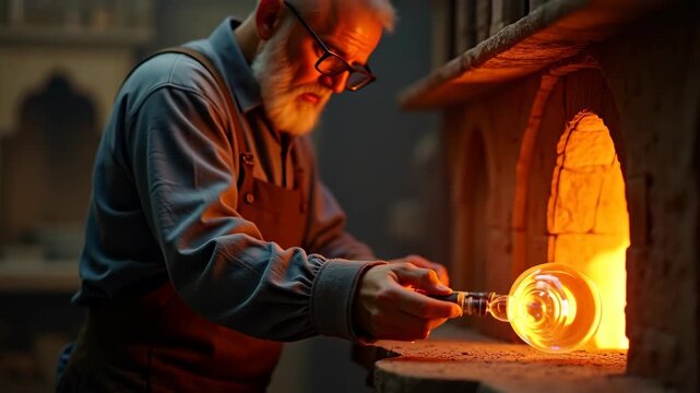 Traditional Venetian glassblower creating delicate chandelier piece in ancient furnace, bokeh dark historical workshop background