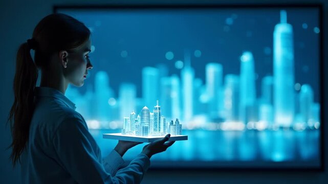 Focused professional woman in side profile holds a glowing holographic city model on a white tray in a futuristic high tech office 