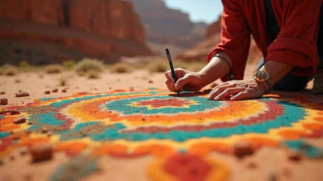 Traditional Navajo sand painter creating intricate ceremonial artwork on desert floor, bokeh warm canyon background