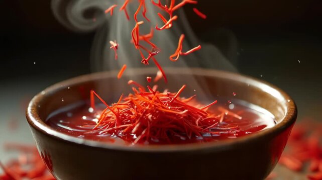 Saffron threads falling into steaming bowl with red liquid, dried stigmas floating mid-air, dark background, warm tones, concept of gourmet cooking, herbal medicine, luxury spice