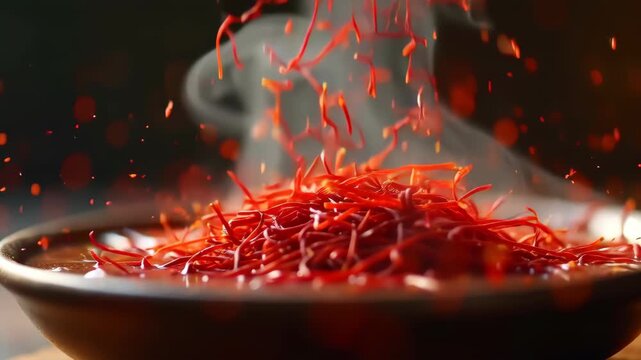 Saffron threads falling into steaming bowl with red liquid, dried stigmas floating mid-air, dark background, warm tones, concept of gourmet cooking, herbal medicine, luxury spice
