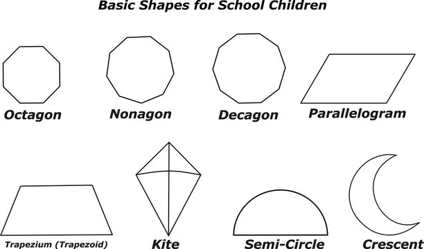 Trapezium Trapezoid Parallelogram Kite Crescent Octagon Pentagon Hexagon Decagon Shapes Vector Set for Kids Learning, Geometry Diagram Isolated Educational Printable Worksheet