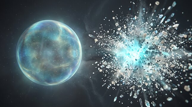 Large blue planet exploding into small pieces in outer space with stars