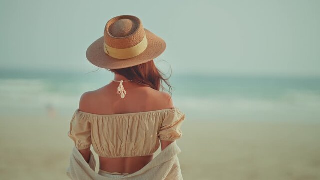 Back view of a young woman wearing a straw hat and off-shoulder summer outfit looking at the blue ocean, capturing the essence of a peaceful beach vacation, freedom, wellness