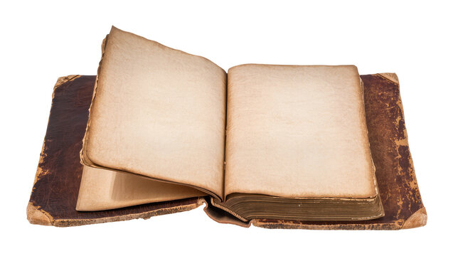 Isolated old open book with blank aged pages, antique leather cover, historical document