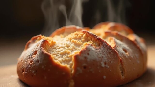 Macro shot of handcrafted sourdough bread crust cracking open with steam burst