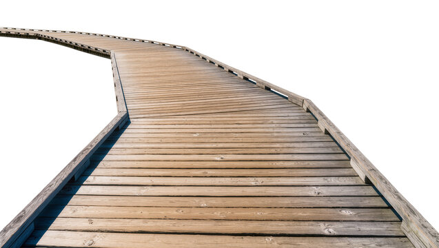 Isolated curved wooden boardwalk path with clean natural planks leading into the distance