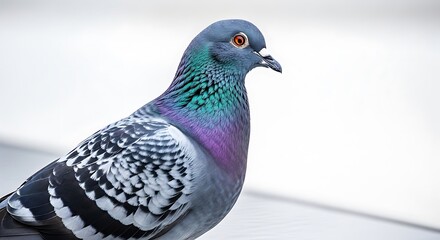 Fototapeta premium A close-up portrait shows a pigeon with iridescent neck feathers against a blurry background