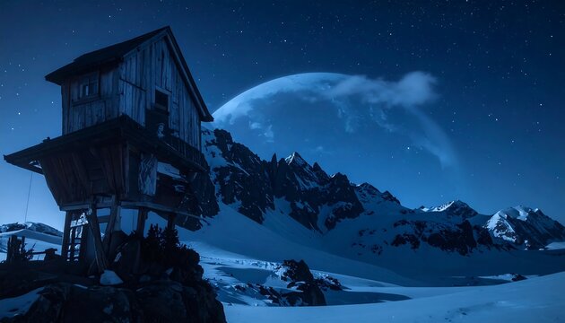 Rustic hut on a rocky outcrop overlooks snow-capped mountains under a celestial orb in the twilight sky