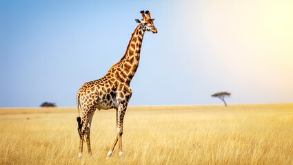 Obraz premium Giraffe standing in open savanna with blue sky minimal background