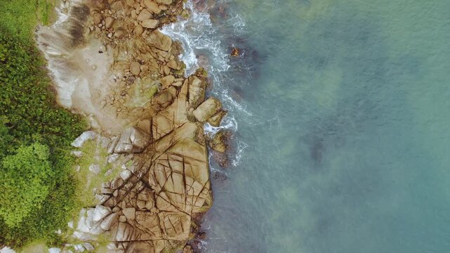 Garopaba Bay Drone View with Fishing Boats, Turquoise Sea and Rocky Coastline