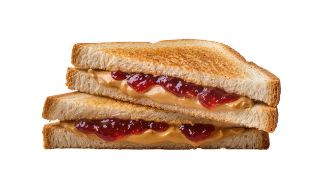 Isolated delicious peanut butter and jelly sandwich stacked halves on golden toasted bread