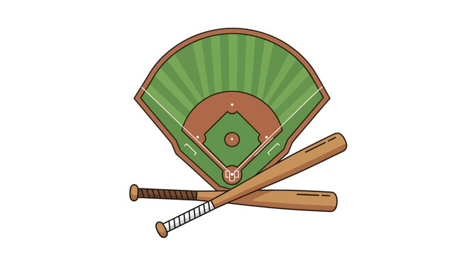 Illustration of Baseball Field with Crossed Bats on White Background