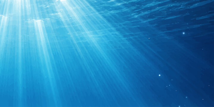 Deep blue underwater world loop featuring an animated ocean background with sunlight rays through the liquid surface and motion waves in a dark 3d nature scene