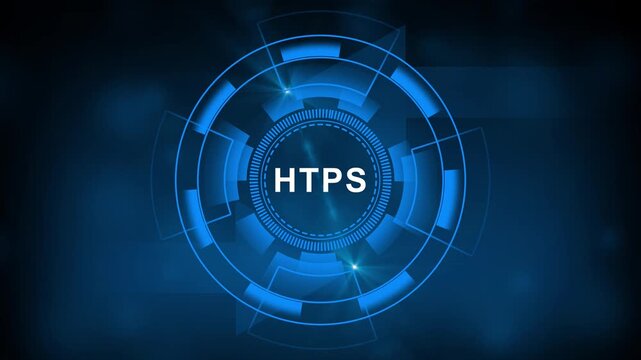 Secure online communication concept with HTPS acronym in a circular digital interface with for security data and network on a dark blurred background.4k video
