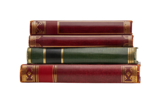 Isolated stack of classic leather-bound books, ornate gold patterns on old book spines.