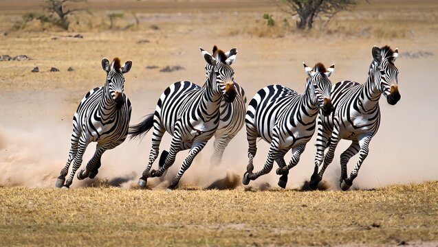 Herd of zebras running across African savanna, motion and dust