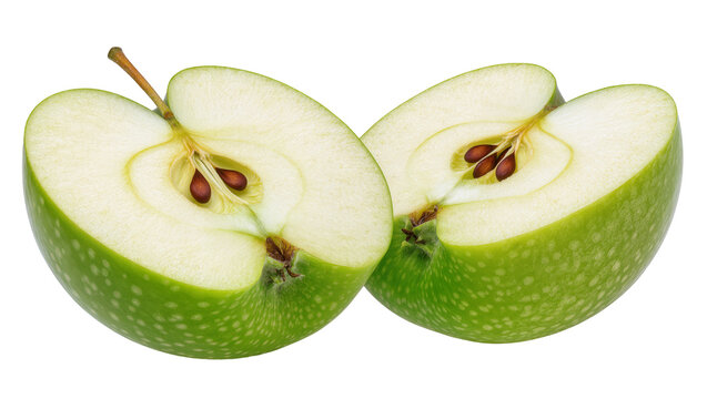 Isolated vibrant green apple sliced in half revealing sweet fresh fruit pulp and dark seeds