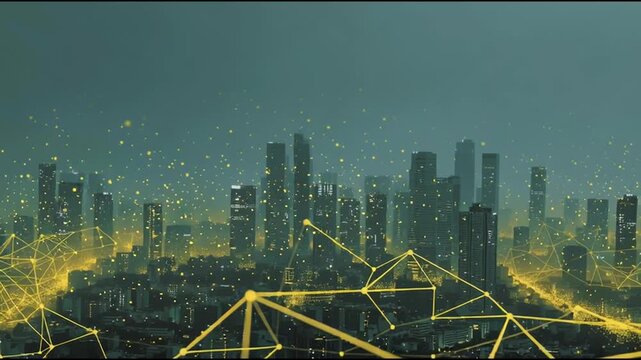 smart, digital, city, connection, network, reciprocity, cityscape, concept, future, wireless, social, media, networking systems, connects, people, double, exposure, waves, background, artificial intel