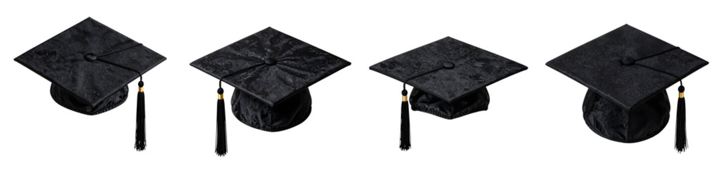 Arrangement of black graduation caps with tassels symbolizes academic achievements and future opportunities