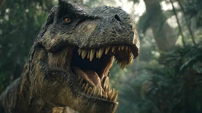 A fierce Tyrannosaurus with powerful jaws and sharp teeth standing in a dense jungle
