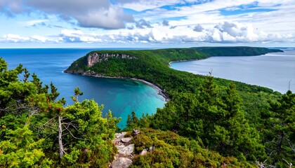 Fototapeta premium Scenic aerial view of forested peninsula jutting into the ocean, with lush greenery and bright blue waters