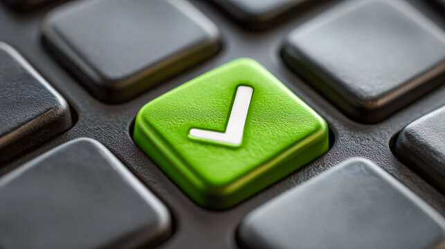 Green button with a white check mark symbol on a black keyboard representing confirmation or success in digital or technological contexts