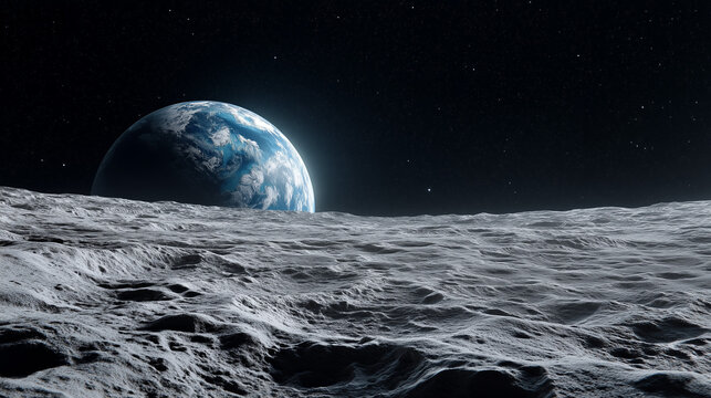 Minimalistic view of Earth rising over the Moon surface under starry sky, symbolizing space travel, future lunar missions and human exploration of outer space.