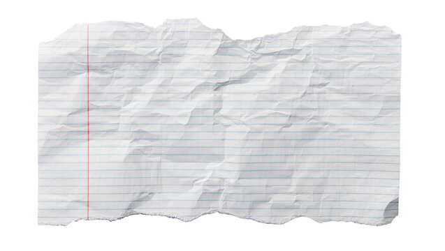Isolated crumpled ripped notebook paper with blue lines and a red margin, blank textured sheet