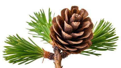 Isolated pinecone on a coniferous branch with green needles, natural autumn forest object © Sorin
