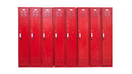 Isolated row of vintage red metal school lockers with handles, vents, and keyholes © Sorin