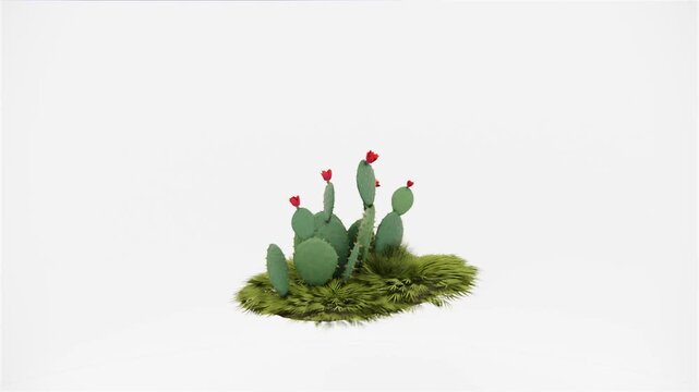 3D Prickly Pear Cactus with Red Flowers Isolated on White Background &ndash; Realistic Opuntia Desert Plant