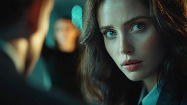 Woman with intense gaze, playing character in film, serious expression, close up portrait.