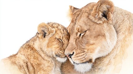 Obraz premium A gentle watercolor scene of a mother lion and her cub sharing a warm, affectionate moment together 