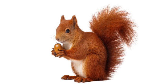 Isolated red squirrel sitting and holding a single acorn, cute furry animal looking at camera