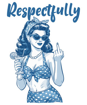 A stylized pin-up illustration in a blue and white color scheme featuring a woman in a 1950s beach scene. The text "Respectfully" appears at the top in large blue letters