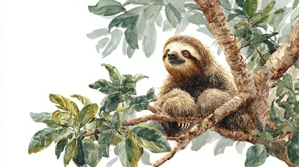 Obraz premium A watercolor-style illustration depicting a sloth resting on a tree branch in a tropical setting 