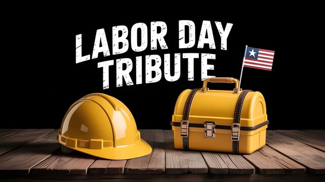 Labor day tribute concept with a yellow hard hat and a metal toolbox with a liberian flag on a wooden surface against a black background