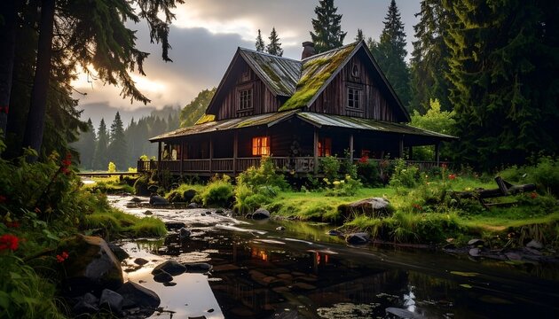 Rustic log cabin nestled in a lush forest, reflected in a gentle stream under a soft, overcast sky