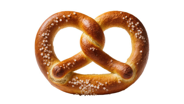 Isolated classic German soft pretzel, perfectly baked with coarse sea salt toppings.