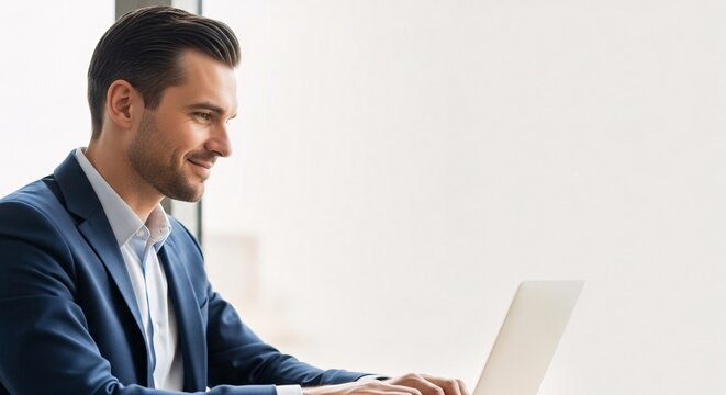 Profile of handsome man in blue suit working on laptop computer near window, looking to side with smile, successful businessman or professional concept.