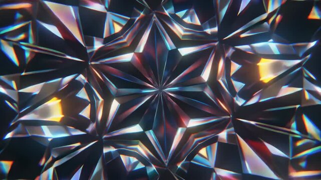 Macro top view. Abstract faceted crystal surface reflecting light. 3D digital animation. Luxury background design.