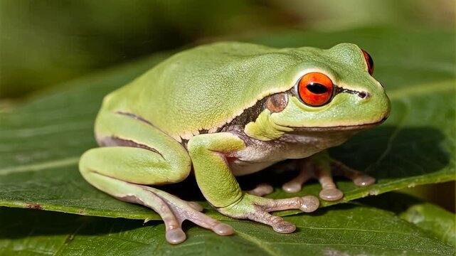 Green frog with red eyes on leaf