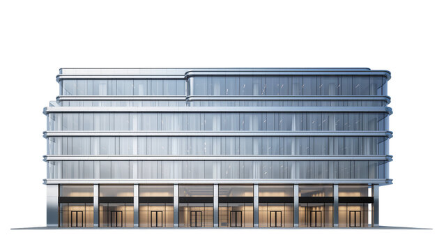 Isolated modern commercial office building with a sleek glass facade and unique stepped design.