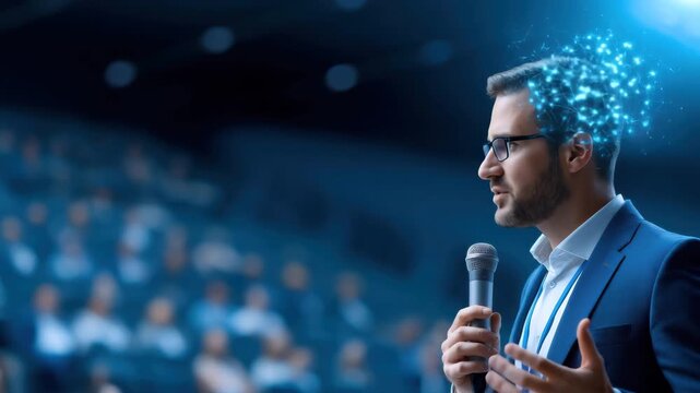 Man in Suit Speaks Confidently into Microphone at Conference with Digital Brain Overlay and Illustration Symbolizing Innovation