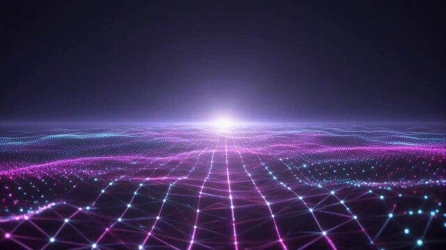 Wide angle shot. Abstract glowing digital data mesh landscape. Moving purple and blue wireframe grid. Technology background and futuristic motion graphics.