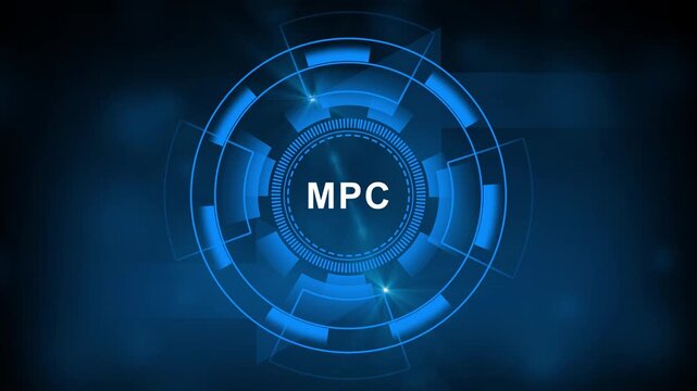 Futuristic digital interface displaying MPC acronym with interconnected representing business concepts like security growth partnership and innovation on a dark blurred background.4k video