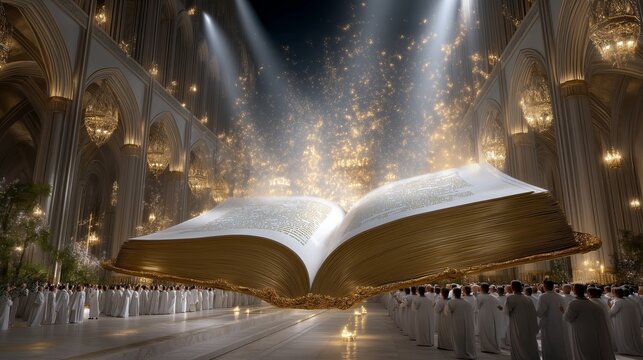 Giant illuminated sacred book floating in a cathedral nave with clergy for religious background and ceremonial banner design