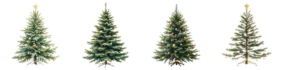 Fototapeta premium Festive christmas trees decorated with twinkling lights and ornaments on a black backdrop